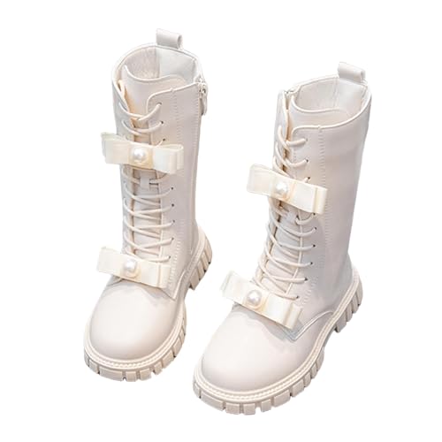 Stiefel Mädchen mit Fleece Gefüttert Boots Mädchen Fliege mit Perle Stiefeletten Warm Winterstiefel Leder Kniehohe Reitstiefel mit Seitlichem Reißverschluss Schnürstiefel Profilsohle Rutschfest Schuhe von WOXIHUAN