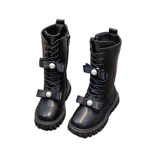Stiefel Mädchen mit Fleece Gefüttert Boots Mädchen Fliege mit Perle Stiefeletten Warm Winterstiefel Leder Kniehohe Reitstiefel mit Seitlichem Reißverschluss Schnürstiefel Profilsohle Rutschfest Schuhe von WOXIHUAN