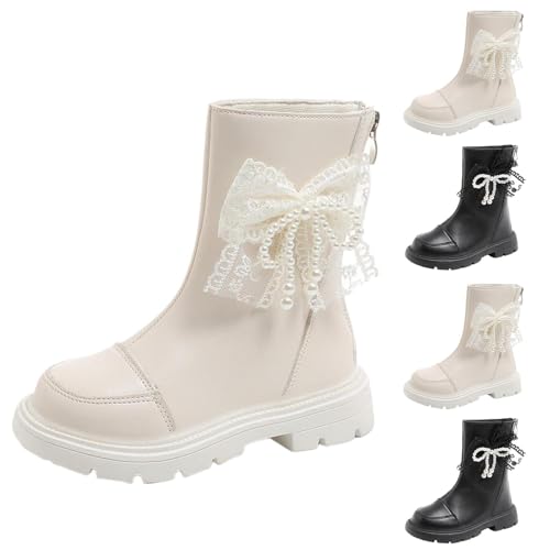 Stiefel Mädchen mit Perle, Süße Lolita Boots Mädchen Leder Stiefeletten mit Seitlichem Reißverschluss Reitstiefel Wasserdichte Stiefelette Dicke Sohle Rutschfest Schuhe Herbststiefel Winterstiefel von WOXIHUAN