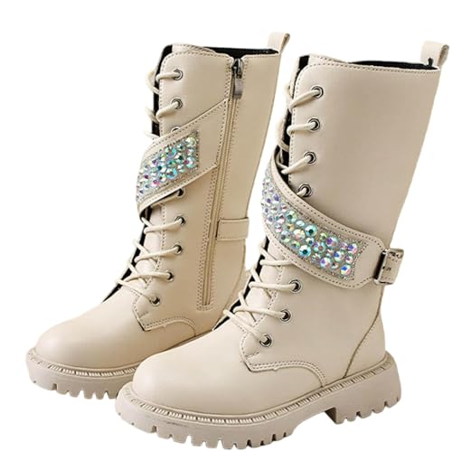 Stiefel Mädchen mit Strass Pailletten Boots Mädchen Langschaft Stiefel Kniehohe Reitstiefel mit Seitlichem Reißverschluss Schnürstiefel PU Leder Schuhe Winterstiefel Herbststiefel für Schule Party von WOXIHUAN