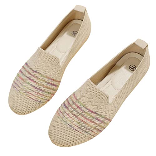 Streifen Ballerinas Damen Sale, Runde Zehe Schuhe rutschfest Flach Sandaletten Stricken Schuhe Bequem Barfußschuhe Ballerinas Atmungsaktive Sandalen Walking Slipper Loafer Stoffschuhe Freizeitschuhe von WOXIHUAN