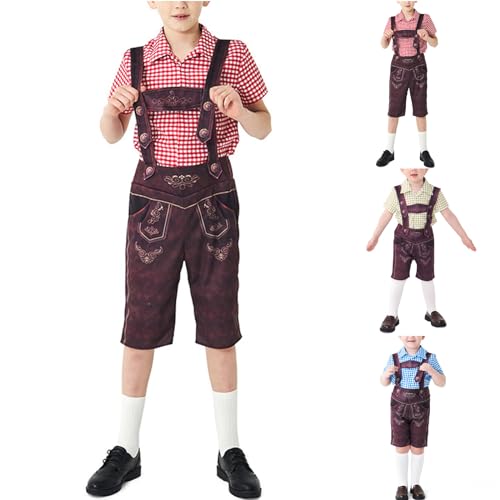 Trachtenset Kinder Jungen Oktoberfest Kinder Outfit Kurzarm Kariert Trachtenhemd + Trachtenlederhose mit Socken 3-teilig Kurz Trachtenhose mit Träger und Stickerei Bayrische Faschings Kinderkostüm von WOXIHUAN