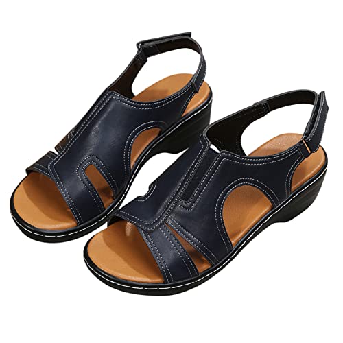 WOXIHUAN Damen Plateau Sandalen Fisch Mund Sandals Leder Sandaletten Frauen Verstellbare mit Klettverschluss Sandal Rutschfeste Sandale Offene Zehe Sandalette Lässige Slippers Vintage Hausschuhe von WOXIHUAN