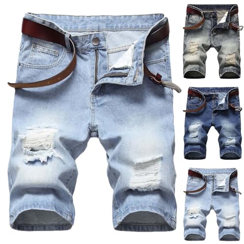 WOXIHUAN Herren Jeans Shorts Loch Gerissen Kurze Hosen für Men Stretchy Washed Denim Hose Kurz Knopfleiste Short Pants Reißverschluss Kurze Hose Gerade Halbhose Sommerhose Freizeithose im Streetstyle von WOXIHUAN