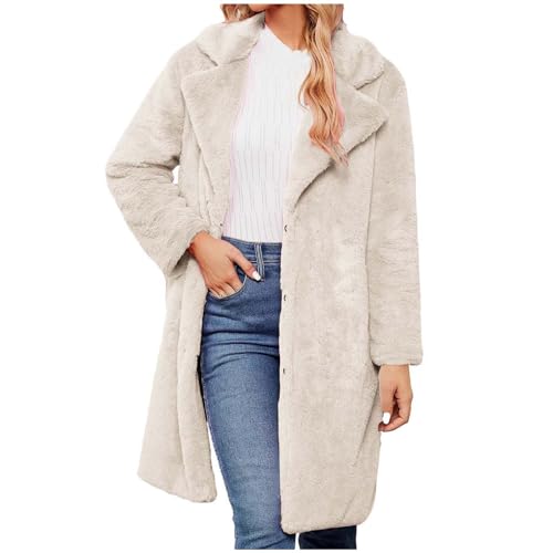 Winterjacke Damen Lang Kunstpelz Mantel Langarm Fleecemantel Wintermantel Warme Kunstpelz Jacke Fake-Fur Luxuriös Kunstpelzmantel Einfarbig Dicke Oberbekleidung Umlegekragen Übermäntel Strickjacken von WOXIHUAN