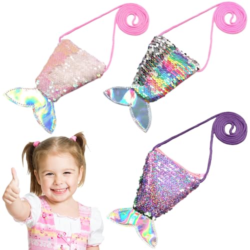 3 Stück Meerjungfrau Tasche, Pailletten Geldbörse Kinder, Schwanz Mini Crossbody Taschen, Meerjungfrau Kindergeburtstag von WOXJENA