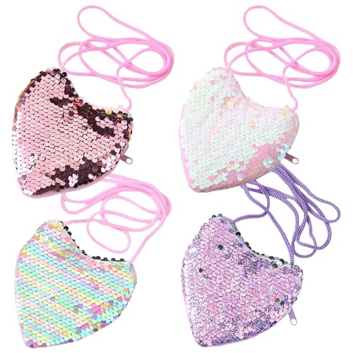 Kinder Portemonnaie Mädchen, 4 Stück Mitgebsel Kindergeburtstag Mädchen, Pailletten Herz Geldbörse, Mini Brieftasche Crossbody Taschen Brieftasche kleine Geldbörse von WOXJENA