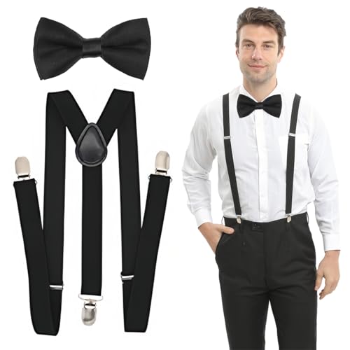 WOXJENA Hosenträger Fliege Set, Hosenträger Herren Damen Extra Stark, Hosenträger Leder Skihose für Breit，Arbeitshose，mit sehr starken 3 Metallclips von WOXJENA