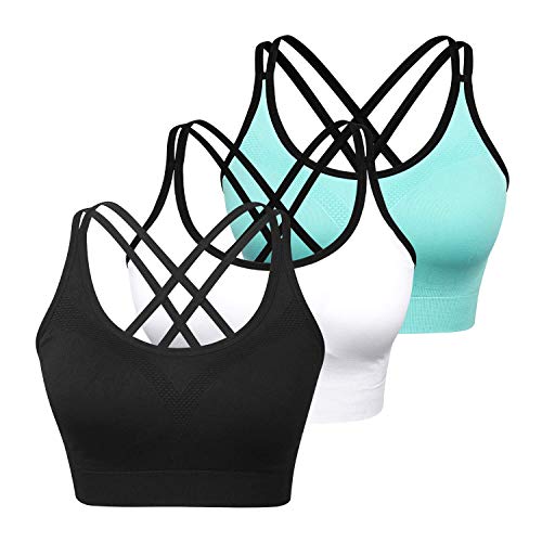 Damen Sport-BHs – gekreuzter Rücken, gepolstert, drahtlos, Komfort, Workout-BHs für Yoga, Fitness, 3 Stück, B 3er-Pack (schwarz/weiß/blau)., Medium von WOYYHO