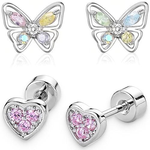 WOZNU 2 Paare 925 Sterling Silber kleine Ohrstecker Ohrringe Für Mädchen Kinder Schmetterling Herz Cubic Zirkonia Knorpel Ohrringe Set für Frauen Kinder Hypoallergene Ohrstecker Set von WOZNU