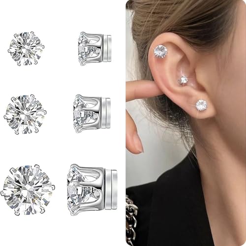 WOZNU 3 Paare Edelstahl Magnetische Ohrstecker für Männer Frauen Nicht Piercing CZ Hypoallergen Non-piercing Clip on Ohrringe Zirkonoxid 5MM/6MM/8MM von WOZNU