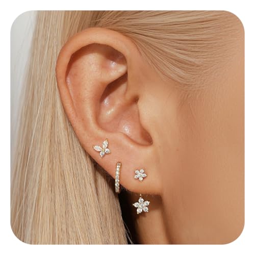 WOZNU 3 pcs Ohrringe Silber 925 Set für Damen 14 Karat Vergoldet Kleine Ohrstecker Silber 925 Set Stapelbar Zirkonia Ohrstecker Creolen Ohrringe Set für Mehrere Piercings von WOZNU