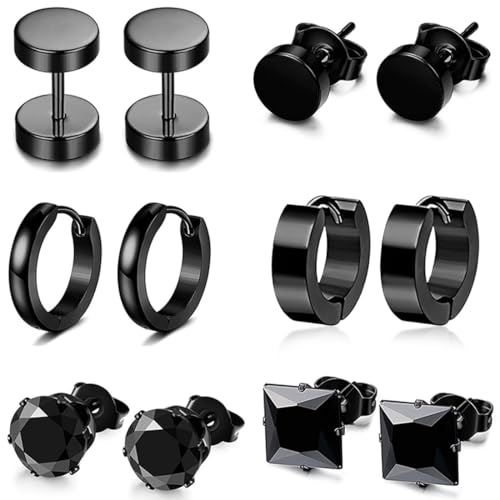 WOZNU 6 Paires Noir Boucles d'Oreilles Homme Créoles Acier Inoxydable Boucle d'Oreille Homme Petites Boucles d'Oreilles Créoles Piercing Anneau Cartilage Helix Piercing Oreille Homme Femme von WOZNU
