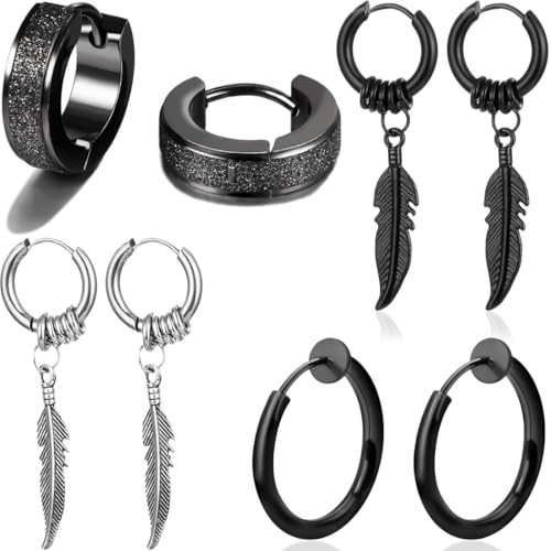 WOZNU 8 Stück Herren Ohrringe Edelstahl Creolen Kreuz Feder Anhänger Ohrringe Set Ohrstecker für Männer Frauen Cool Kpop von WOZNU