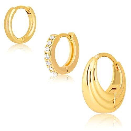 WOZNU Gold Ohrringe Set Damen 14K Vergoldete Silber 925 Klein Creolen Ohrstecker Hängend Ohrringe mit Zirkonia Wasserfest Hypoallergen Goldene Stecker Mehrere Piercings Schmuck für Frauen Gold 3 von WOZNU