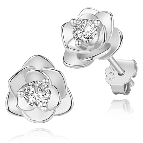 WOZNU Klein Rosen Ohrstecker Silber 925 Ohrringe für Damen Mädchen Hypoallergen Kleine Rose Blumen Ohrringe mit 5A+Zirkonia Helix Knorpel Ohrringe Silber von WOZNU