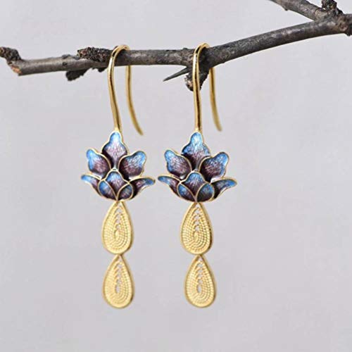 WOZUIMEI Chinesische Ohrringe Eardrop S925 Silber Retro Weiblich Vergoldet Ethnischen Stil Pfauenfeder Filigran Gebrannte Blaue Ohrringe Thai Silber OhrringeVergoldet von WOZUIMEI
