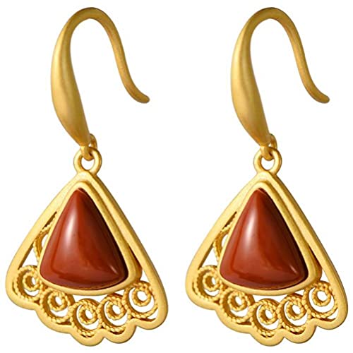 WOZUIMEI Chinesischer Ohrring S925 Sterlingsilber Vergoldet Handwerklich Rot Achat Fächerförmig Hohlmuster Weibliche Ohrringe Elegante Einfache Mode OhrringeÜberbackene Damenohrringe von WOZUIMEI