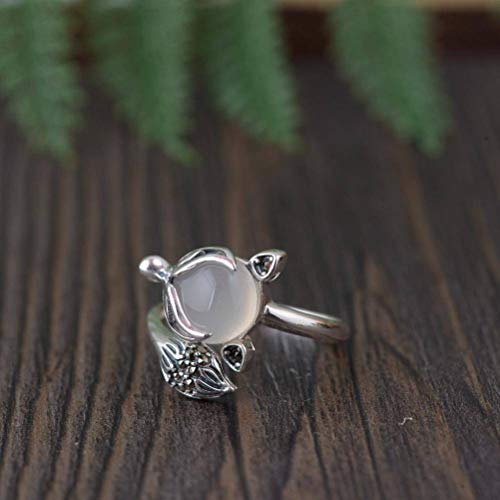 WOZUIMEI Chinesischer Ringschmuck S925 Sterling Silber Ring Vintage Thai Silber Chalcedon Ring mit Weiblichem Achat und Zirkon Verstellbarer Geteilter Fuchsringweißer Chalcedon von WOZUIMEI