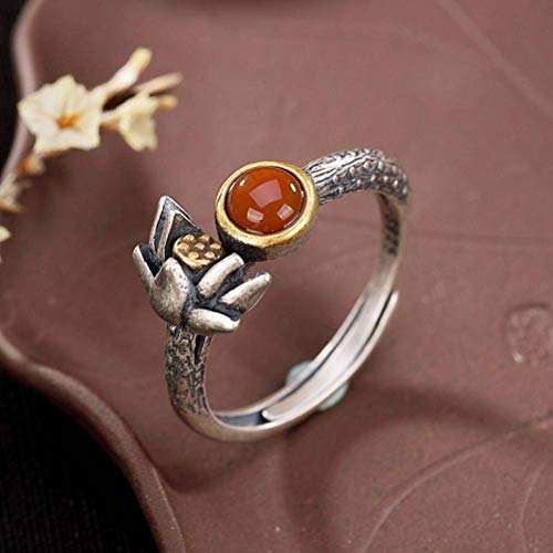 WOZUIMEI Chinesischer Stil Ring Schmuck S925 Rein Silber Ring Lotus Jasper Achat Rot Süd Persönlichkeit Retro Weibliches Design Einfache Öffnung Südroter Achat von WOZUIMEI