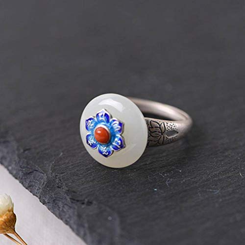 WOZUIMEI Chinesischer Stil Ring Schmuck S925 Sterling Silber Ring Vintage Cloisonne Sechs-Wort-Mantra Weibliche Emaillierung Nephrit Stein Sichere Schnalle Silber RingBlau WOZUIMEI Chinesischer Stil Ring Schmuck S925 Sterling Silber Ring Vintage Cloisonne Sechs-Wort-Mantra Weibliche Emaillierung Nephrit Stein Sichere Schnalle Silber RingBlau von WOZUIMEI