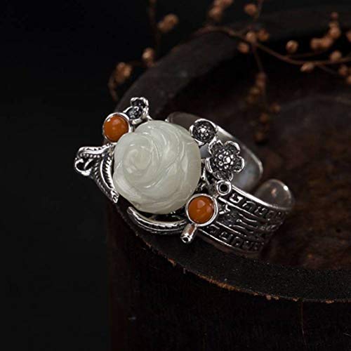 WOZUIMEI Chinesischer Stil Ringschmuck S925 Reines Silber Retro Eingelegt Nephrit Weiße Jade Südrot Achat Rose Weibliche Öffnung Silber RingEinstellbare Öffnung WOZUIMEI Chinesischer Stil Ringschmuck S925 Reines Silber Retro Eingelegt Nephrit Weiße Jade Südrot Achat Rose Weibliche Öffnung Silber RingEinstellbare Öffnung von WOZUIMEI