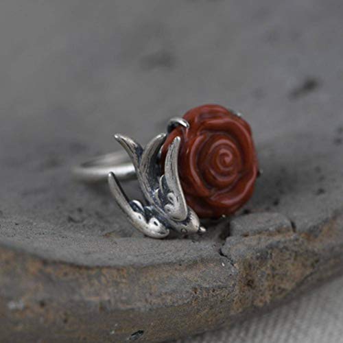 WOZUIMEI Chinesischer Stil Ringschmuck S925 Sterling Silber Ring Retro Distressed Kleine Schwalbe Verstellbarer Spaltring Weiblich Südrot Achat Pfingstrose Silber RingEinstellbare Öffnung WOZUIMEI Chinesischer Stil Ringschmuck S925 Sterling Silber Ring Retro Distressed Kleine Schwalbe Verstellbarer Spaltring Weiblich Südrot Achat Pfingstrose Silber RingEinstellbare Öffnung von WOZUIMEI