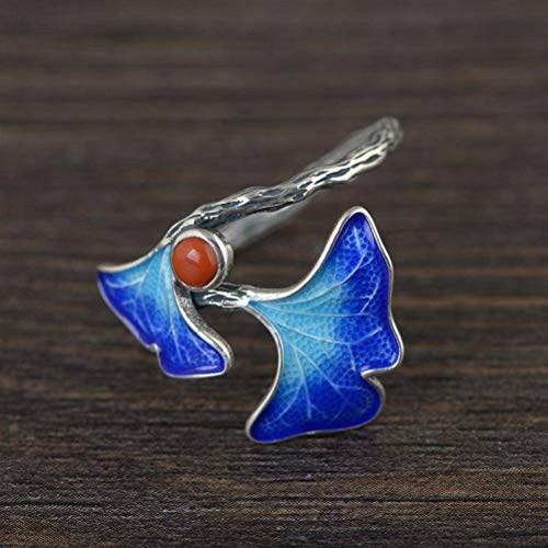 WOZUIMEI Chinesischer Stil Ringschmuck S925 Sterling Silber Ring Vintage Emaille Craft Ring Weibliche Silber Inlay Südrot Achat Verstellbarer Geteilter Ginkgoblatt RingBlau WOZUIMEI Chinesischer Stil Ringschmuck S925 Sterling Silber Ring Vintage Emaille Craft Ring Weibliche Silber Inlay Südrot Achat Verstellbarer Geteilter Ginkgoblatt RingBlau von WOZUIMEI