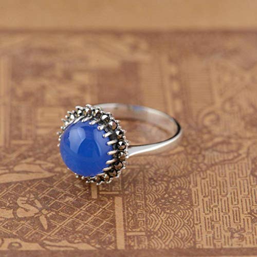 WOZUIMEI Chinesischer Stil Ringschmuck S925 Sterling Silber Ring Vintage Thai Silber Craft Ring Runde Einfache Silber Eingelegt Blau Chalcedon RingRing, 17.2 von WOZUIMEI
