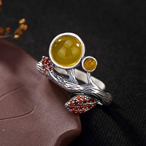 WOZUIMEI Chinesischer Stil Ringschmuck S990 Reiner Silberring Gelb Chalcedon Roter Korund Vintage Koreanischer Blattzweig Reiner Silberring Offener Weiblicher Ringgelber Chalcedon WOZUIMEI Chinesischer Stil Ringschmuck S990 Reiner Silberring Gelb Chalcedon Roter Korund Vintage Koreanischer Blattzweig Reiner Silberring Offener Weiblicher Ringgelber Chalcedon von WOZUIMEI