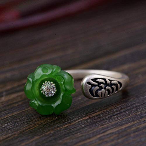 WOZUIMEI Ringschmuck im Chinesischen Stil S925 Sterling Silber Ring Vintage Female Jasper Flower Verstellbarer SpaltringGrün von WOZUIMEI