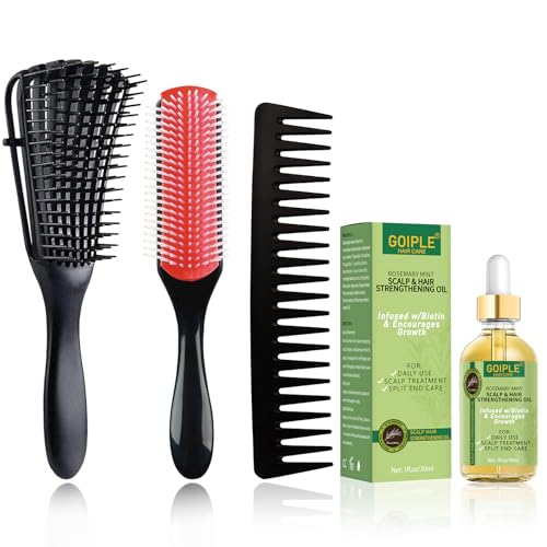 WOZUTUNT Lockiges Haarbürsten-Set für Damen/Herren/Kinder, Entwirrbürste, breiter Zahnkamm, 9-reihige Nylonborsten, Rosmarin-Haarwachstumsöl, 4 Stück (DB-Schwarz, 4 Stück) von WOZUTUNT