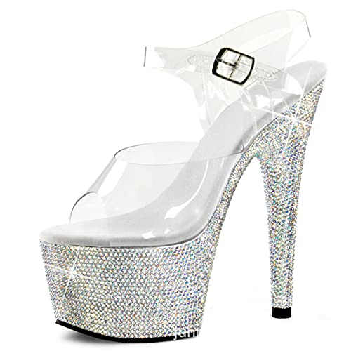 Damen Strass Glitter Plateau Sandalen Peep Toe Super High Heels PVC Transparente Knöchelriemen Sandaletten mit Absatz für sexy Nachtclub Pole Dance,Weiß,36 von WOilERQ