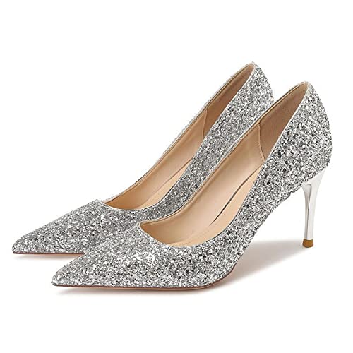 Klassische und sexy Damen-Pumps zum Hineinschlüpfen mit Spitzen Zehen und 7,9 cm hohen Stiletto-Absätzen, Glitzer-Pailletten-Pumps, Hochzeit, Brautparty, Absätze, Abendschuhe für Freizeit,Silber,38 von WOilERQ