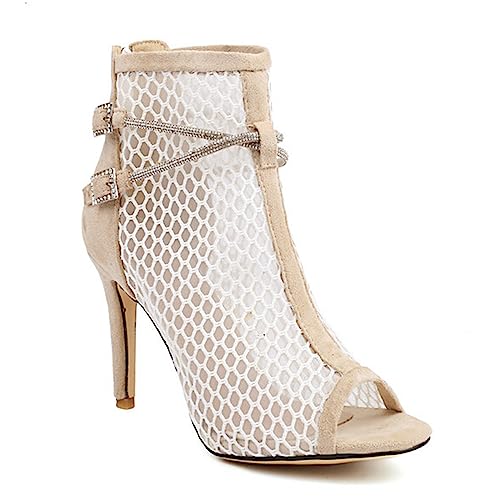 WOilERQ Damen-Stiefeletten mit Peep-Toe und hohem Absatz, Sommer-Mesh-Stiletto-Booties, Reißverschluss hinten, modisches Kleid, Abendparty, Booties, Schuhe mit Strass-Kreuzriemen,Beige,40 von WOilERQ