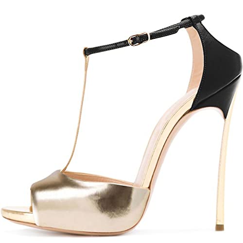 WOilERQ High Heels Stiletto Sandalen für Damen – T-Strap Pumps Heel Sandaletten – Damen Color Block Open Toe Stilettos High Heels für elegante Hochzeitsfeiern – 4,3 in Gold Pink,Gold,43 von WOilERQ