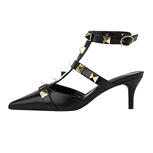 WOilERQ Womens Fashion Studs Kitten Heels Sexy Spitze geschlossene Zehe High Heels Schuhe mit Nieten T-Strap Slingback Sommerkleid Pumps für Hochzeit lässig,Schwarz,40 von WOilERQ