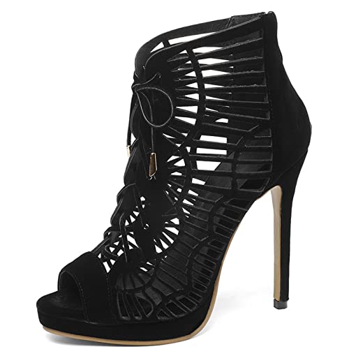 11.5CM/ 4.52IN Frauen Stiletto Sandalen Offene Zehe Aushöhlen High Heel Runde Zehe Zurück Reißverschluss Stiletto Sommer Party Dating Schuhe,Schwarz,44 EU von WOkismD