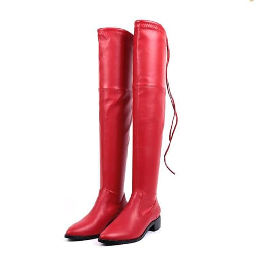 3.5CM/ 1.37IN Frauen Overknee Stiefel Oberschenkel High und Low Heels Winter Flach Bequeme Spitz Toe Overknee Stiefel,Rot,39 von WOkismD