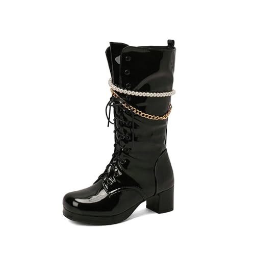 5CM/ 1.96IN Lackleder Dicke Ferse High Heel Mid-Calf Stiefel Square Toe Kette Vorne Lace-Up Damen Hohe Stiefel Lange Stiefel,Schwarz,38 EU von WOkismD
