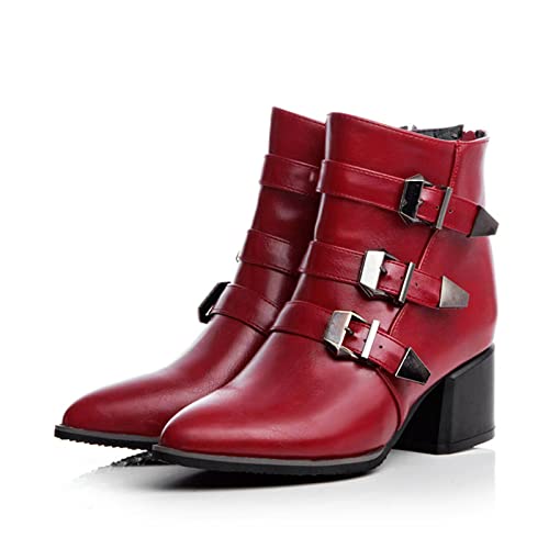 Chunky Heel Zipper Slip on Ankle Boots Für Damen Chunky Pointed Toe High Heel Belt Buckle Ankle Boots,Rot,48 EU von WOkismD