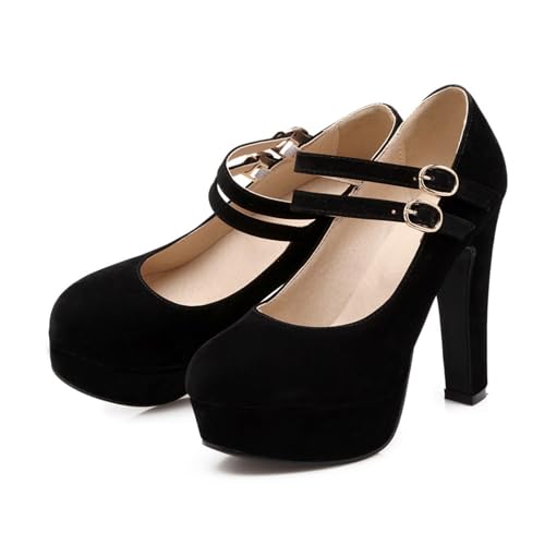 Damen Geschlossen Runde Zehe Low Heel Schuhe Knöchelriemen Büro Arbeit Hochzeit High Heels,Schwarz,47 EU von WOkismD