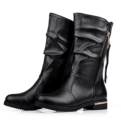 Kurze Stiefel Damen-Lederstiefel Mit Niedrigen Absätzen Fallen Und Winter Mittelrohr Ärmel Super Groß,Schwarz,45 EU von WOkismD