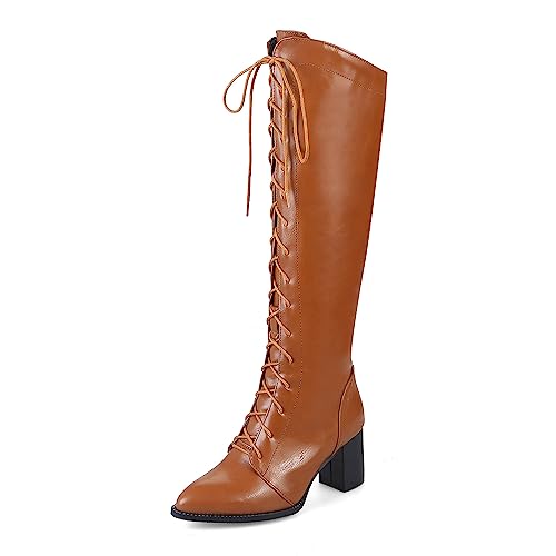 Modische lange Damenstiefel zum Schnüren, sexy, spitzer Zehenbereich, PU-Leder, Reißverschluss, kniehohe Stiefel, klobiger Absatz, Komfort, Herbst-Winter, Blockabsätze, Übergröße 40–48,Braun,47 von WOkismD