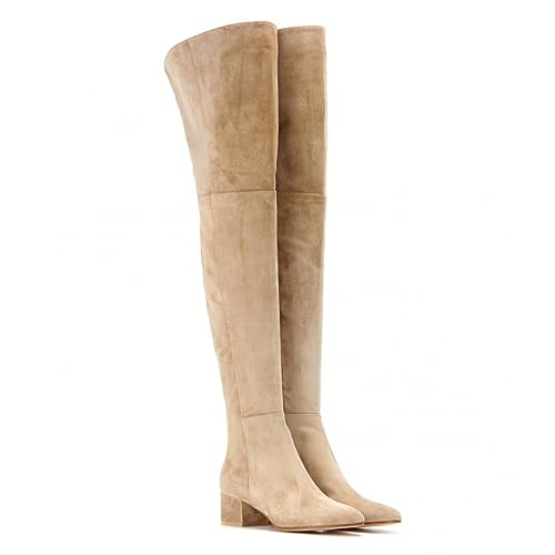 Overknee-Oberschenkelhohe Damen-Stiefel aus Wildleder mit runder Zehenpartie, langer, dehnbarer, weicher Blockabsatz, niedriger Absatz, Herbstmode-Stiefel mit seitlichem Reißverschluss,Beige,38 von WOkismD