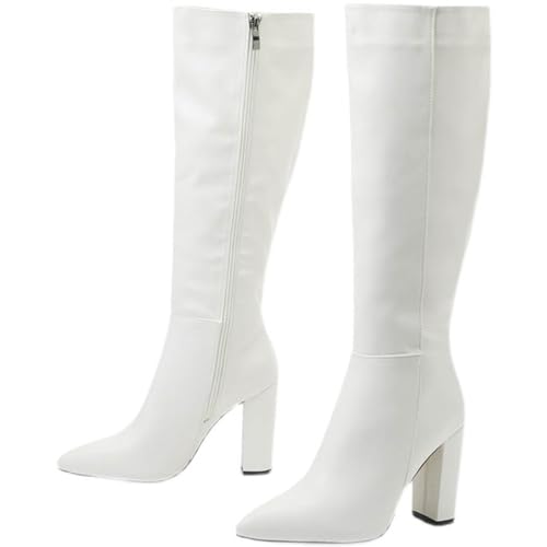 10.5CM/ 4.13IN Modische Mid-Calf Stiefel mit seitlichem Reißverschluss und spitzer Zehe Ritter Stiefel Hohe Dicke Ferse Frauen Stiefel,Weiß,36 EU von WOkismD