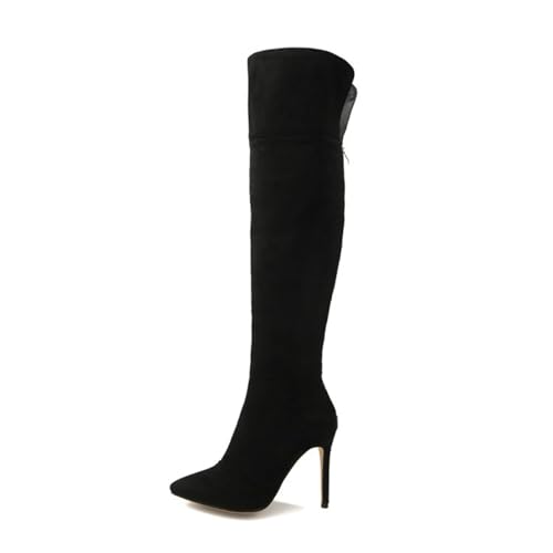 WOkismD 10CM/3.93IN Wildleder Overknee Stiefel Stiletto Heel Pole Tanzstiefel Seitlicher Reißverschluss Große Größe Damen Stretch Stiefel,Schwarz,43 EU von WOkismD