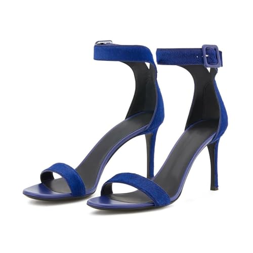 WOkismD 10CM/3.9IN Frauen Wildleder Schnalle Stiletto Heels Open Toe Sandalen Kleid Mode Büro Schuhe,Blau,34 EU von WOkismD