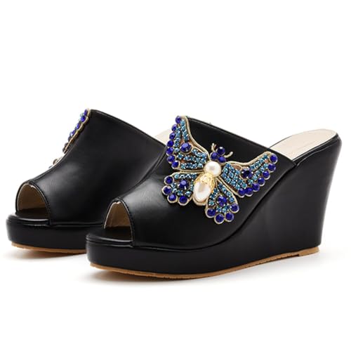 WOkismD 10CM Damen Plattform Wedge Siides Sandalen Offene Zehe Slip On Leichte Keilabsätze Sandale,Schwarz,34 EU von WOkismD