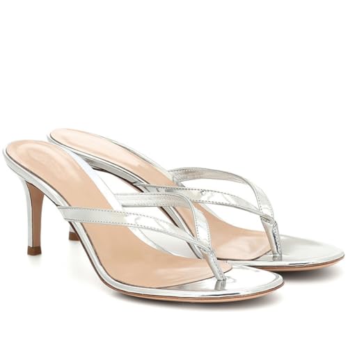 WOkismD 10CM Frauen Runde Offene Zehe Flip Flops Stiletto Heels Riemchen Tanga Slide auf Slingback Pantoletten Sandalen,Silber,38 EU von WOkismD